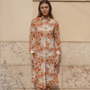 Las Surenas Wolf Kisses Print Linen Cotton Shirt Dress EUC Size L - Dopamine